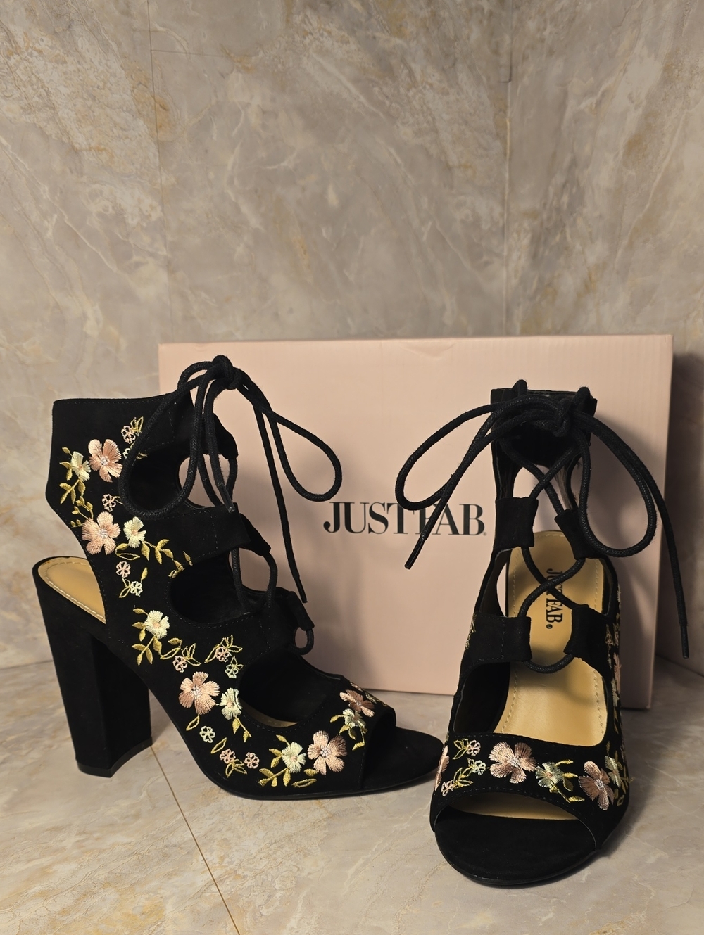 JustFab Black Lace-Up Embroidered Floral Suede Heels Size 6.5